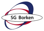 Logo des Sportvereins SG Borken mit dem Schriftzug in einer weißen ovalen Form, umgeben von roten und blauen, sich überlappenden Bändern
