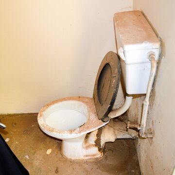 An old, dirty toilet in a small room with damaged pipes.