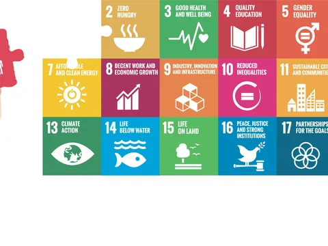 Illustration der 17 Nachhaltigkeitsziele der UN mit Symbolen und einer Person, die das SDG zu Armut hochhält