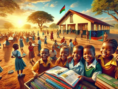 Kinder in Sambia vor einer renovierten Schule, lachend und spielend.